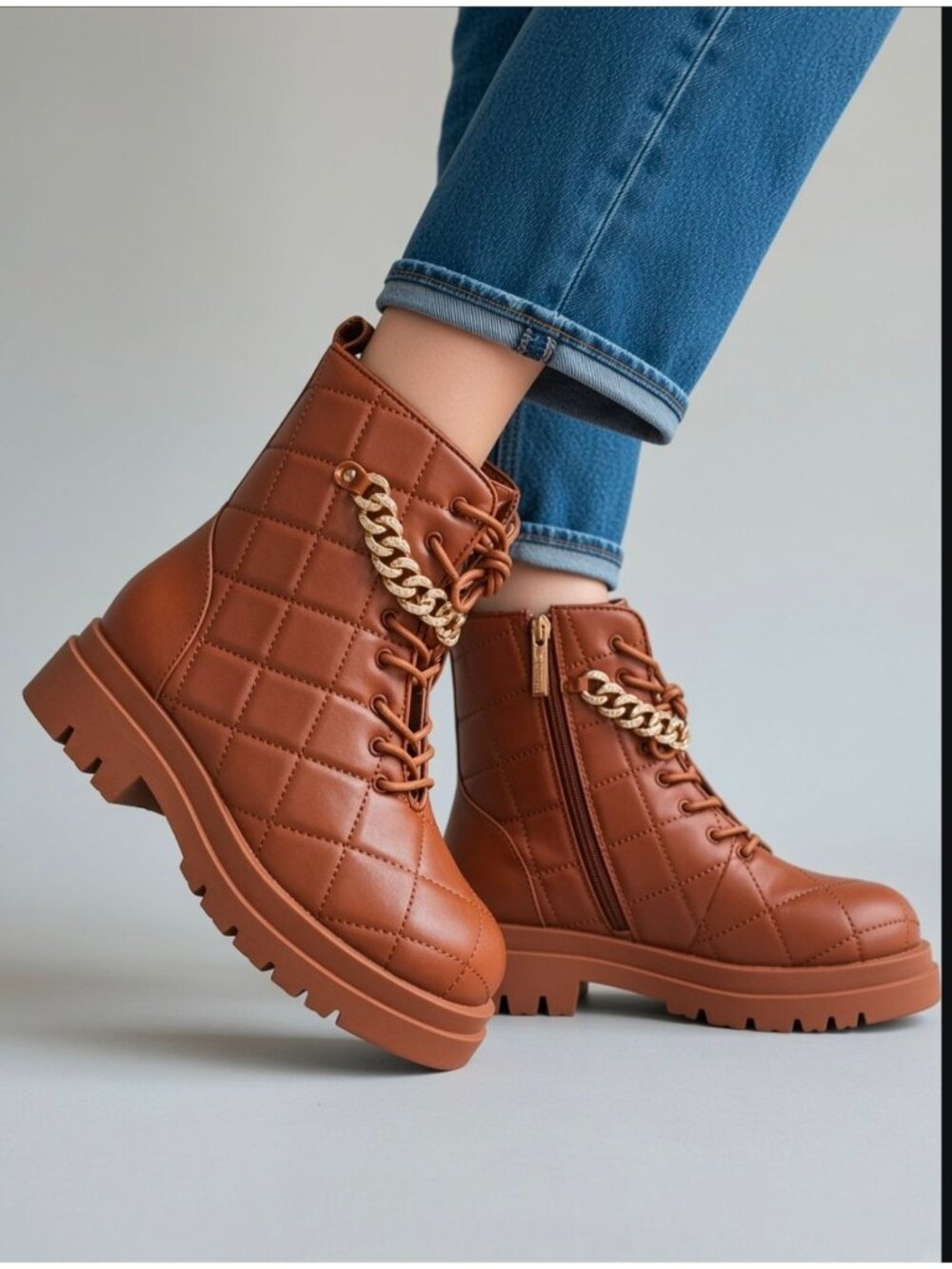 Brown Quilted Combat Boots Gold Chain Lace Up Lug Sole Ankle Booties